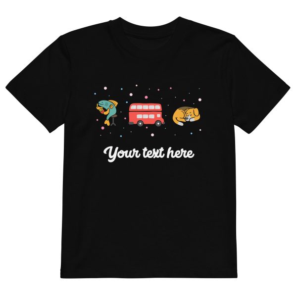 Personalised Custom Text - Organic Cotton Kids T-Shirt - London Doodles - Fish & Chips   Bus   Corgi Discount