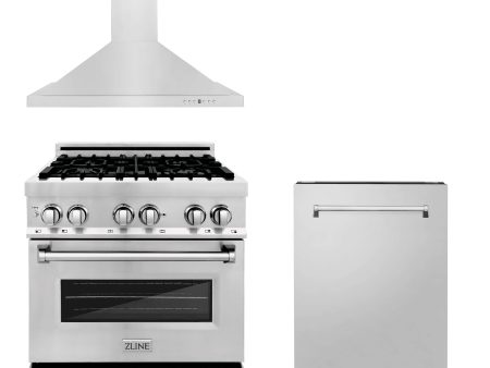 ZLINE 30 in. Kitchen Package with Stainless Steel Dual Fuel Range, Convertible Vent Range Hood and Tall Tub Dishwasher (3KP-RARH30-DWV) For Sale