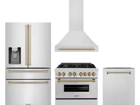 ZLINE Autograph Edition 36 in. Kitchen Package with Stainless Steel Dual Fuel Range, Range Hood, Dishwasher and Refrigeration Including External Water Dispenser with Champagne Bronze Accents (4AKPR-RARHDWM36-CB) Hot on Sale