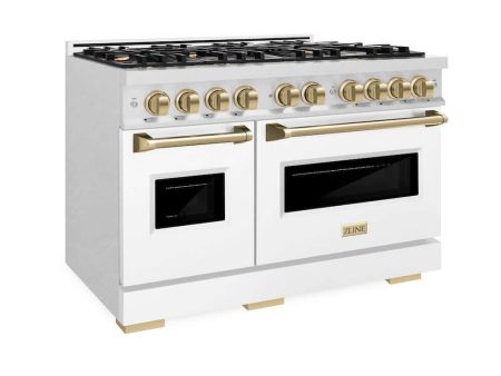 ZLINE Autograph Edition 48 in. 6.7 cu. ft. Classic Double Oven Dual Fuel Range with 8 Burner Gas Cooktop in DuraSnow® Stainless Steel with White Matte Doors and Champagne Bronze Accents (CDRSZ-WM-48-CB) For Cheap