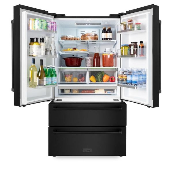 ZLINE Kitchen Package with Black Stainless Steel Refrigeration, 36 in. Dual Fuel Range, 36 in. Range Hood, Microwave Drawer, and 24 in. Tall Tub Dishwasher (5KPR-RABRH36-MWDWV) Fashion