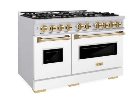 ZLINE Autograph Edition 48 in. 6.7 cu. ft. Classic Double Oven Dual Fuel Range with 8 Burner Gas Cooktop in Stainless Steel with White Matte Door and Polished Gold Accents (CDRZ-WM-48-G) For Cheap