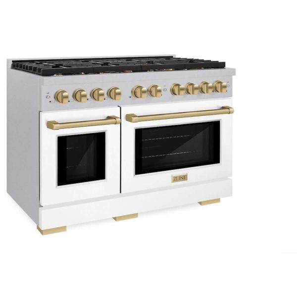 ZLINE Autograph Edition 48 in. 6.7 cu. ft. Paramount Double Oven Dual Fuel Range with 8 Burner Gas Cooktop in DuraSnow® Stainless Steel with White Matte Doors and Champagne Bronze Accents (SDRSZ-WM-48-CB) Online