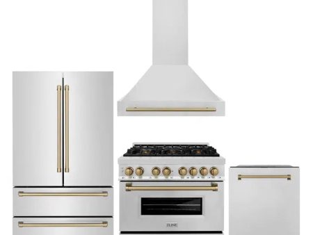 ZLINE Autograph Edition 36 in. Kitchen Package with Stainless Steel Dual Fuel Range, Range Hood, Dishwasher and Refrigeration with Champagne Bronze Accents (4KAPR-RARHDWM36-CB) Sale