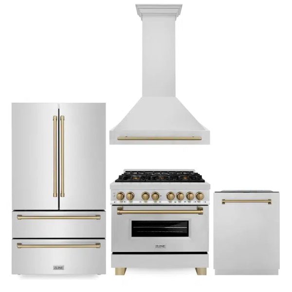 ZLINE Autograph Edition 36 in. Kitchen Package with Stainless Steel Dual Fuel Range, Range Hood, Dishwasher and Refrigeration with Champagne Bronze Accents (4KAPR-RARHDWM36-CB) Sale