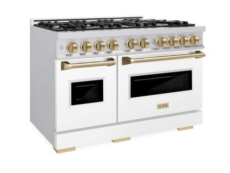 ZLINE Autograph Edition 48 in. 6.7 cu. ft. Classic Double Oven Dual Fuel Range with 8 Burner Gas Cooktop in Stainless Steel with White Matte Doors and Champagne Bronze Accents (CDRZ-WM-48-CB) Hot on Sale