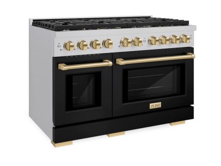 ZLINE Autograph Edition 48 in. 6.7 cu. ft. Paramount Double Oven Dual Fuel Range with 8 Burner Gas Cooktop in Stainless Steel with Black Matte Doors and Polished Gold Accents (SDRZ-BLM-48-G) Online