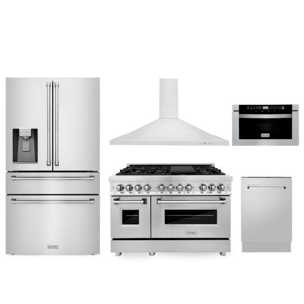 ZLINE Kitchen Package with Water and Ice Dispenser Refrigerator, 48 in. Dual Fuel Range, 48 in. Range Hood, Microwave Drawer, and 24 in. Tall Tub Dishwasher (5KPRW-RARH48-MWDWV) Online Sale