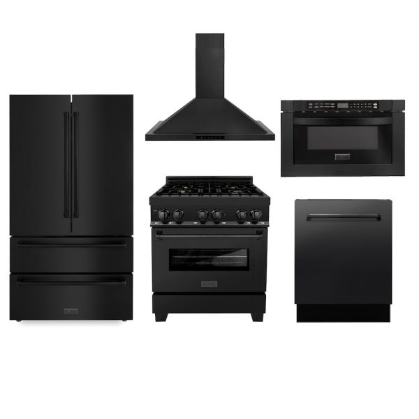 ZLINE Kitchen Package with Black Stainless Steel Refrigeration, 30 in. Dual Fuel Range, 30 in. Range Hood, Microwave Drawer, and 24 in. Tall Tub Dishwasher (5KPR-RABRH-MWDWV) Online