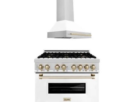 ZLINE Autograph Edition  36 in. Kitchen Package with Stainless Steel Dual Fuel Range with White Matte Door and Range Hood with Polished Gold Accents (2AKP-RAWMRH36-G) Sale