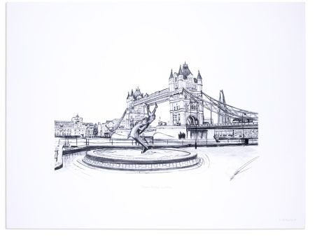 Tower Bridge Dolphin Fountain Print M.Rodwell Hot on Sale