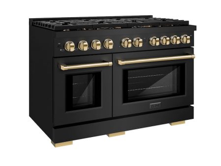 ZLINE Autograph Edition 48 in. 6.7 cu. ft. Paramount Double Oven Dual Fuel Range with 8 Burner Gas Cooktop in Black Stainless Steel and Polished Gold Accents (SDRBZ-48-G) Online Hot Sale