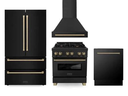 ZLINE Autograph Edition Kitchen Package in Black Stainless Steel with 30 in. Dual Fuel Range, 30 in. Range Hood, 24 in. Dishwasher and 36 in. French Door Refrigerator with Champagne Bronze Accents (4AKPR-RABRHDWV30-CB) Online now