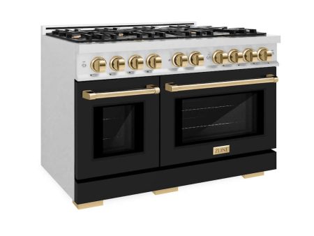 ZLINE Autograph Edition 48 in. 6.7 cu. ft. Select Double Oven Dual Fuel Range with 8 Burner Gas Cooktop in DuraSnow® Stainless Steel with Black Matte Doors and Polished Gold Accents (HDRSZ-BLM-48-G) For Cheap