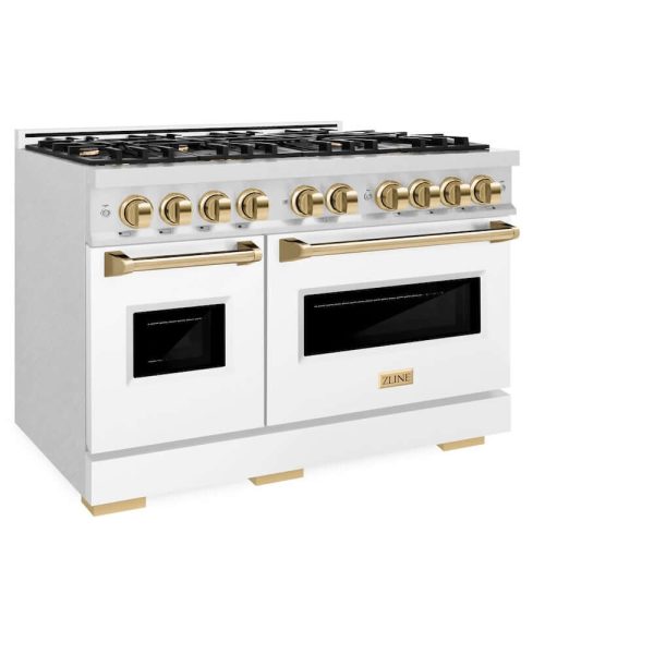 ZLINE Autograph Edition 48 in. 6.7 cu. ft. Classic Double Oven Gas Range with 8 Burner Cooktop in DuraSnow® Stainless Steel with White Matte Doors and Polished Gold Accents (CGRSZ-WM-48-G) Hot on Sale