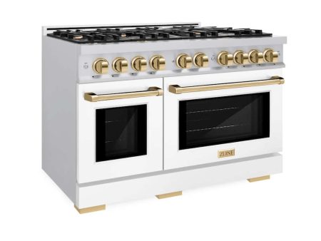 ZLINE Autograph Edition 48 in. 6.7 cu. ft. Select Double Oven Dual Fuel Range with 8 Burner Gas Cooktop in DuraSnow® Stainless Steel with White Matte Doors and Polished Gold Accents (HDRSZ-WM-48-G) Online Sale