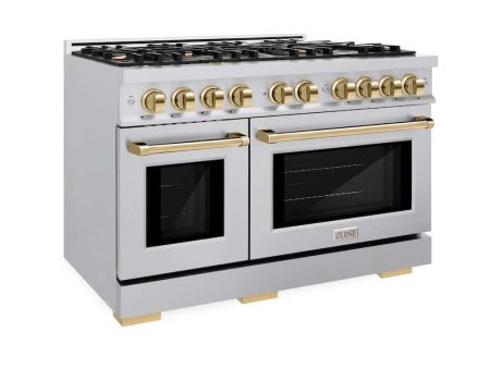 ZLINE Autograph Edition 48 in. 6.7 cu. ft. Select Double Oven Gas Range with 8 Burner Cooktop in Stainless Steel and Polished Gold Accents (HGRZ-48-G) Online Sale