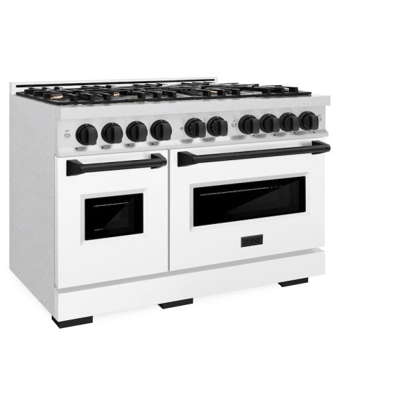 ZLINE Autograph Edition 48 in. 6.7 cu. ft. Classic Double Oven Dual Fuel Range with 8 Burner Gas Cooktop in DuraSnow® Stainless Steel with White Matte Doors and Matte Black Accents (CDRSZ-WM-48-MB) For Sale