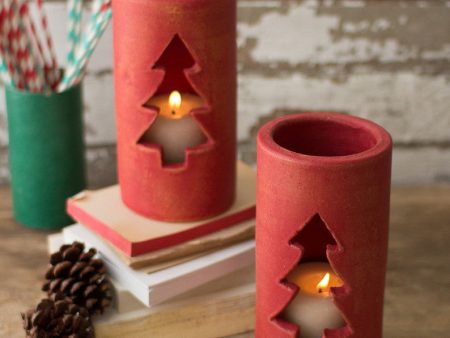 Kalalou Set of 6 Tabletop Clay Holiday Red Tree Candle Luminary For Sale