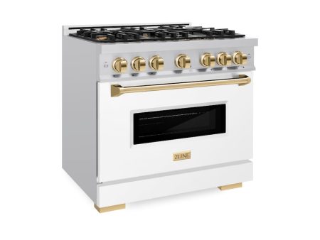 ZLINE Autograph Edition 36 in. 5.2 cu. ft. Classic Gas Range with 6 Burner Cooktop and Convection Gas Oven in Stainless Steel with White Matte Door and Polished Gold Accents (CGRZ-WM-36-G) Online Sale