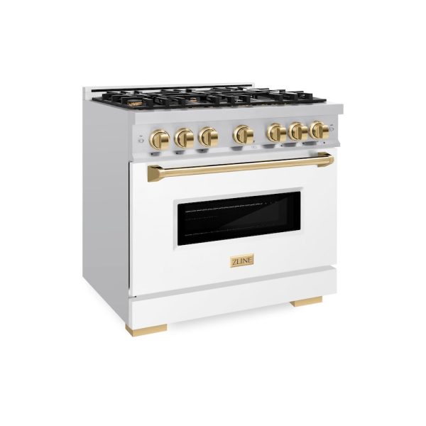 ZLINE Autograph Edition 36 in. 5.2 cu. ft. Classic Gas Range with 6 Burner Cooktop and Convection Gas Oven in Stainless Steel with White Matte Door and Polished Gold Accents (CGRZ-WM-36-G) Online Sale