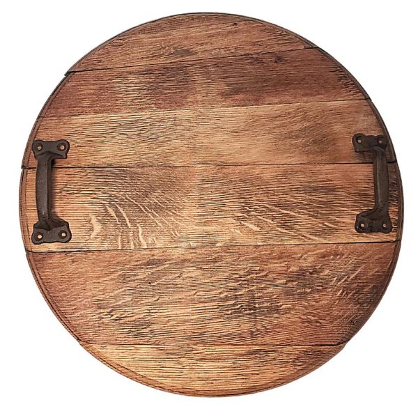 Whiskey and Wine Design Bourbon Barrel Head Serving Tray with Cast Iron Handles Supply