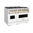 ZLINE Autograph Edition 48 in. 6.7 cu. ft. Classic Double Oven Gas Range with 8 Burner Cooktop in Stainless Steel with White Matte Doors and Polished Gold Accents (CGRZ-WM-48-G) For Sale