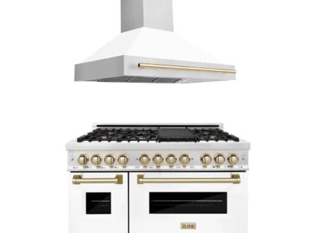 ZLINE Autograph Edition 48 in. Kitchen Package with Stainless Steel Dual Fuel Range with White Matte Door and Range Hood with Polished Gold Accents (2AKP-RAWMRH48-G) Fashion