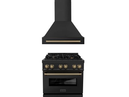 ZLINE Autograph Edition 30 in. Kitchen Package with Black Stainless Steel Dual Fuel Range and Range Hood with Champagne Bronze Accents (2AKP-RABRH30-CB) Online Sale