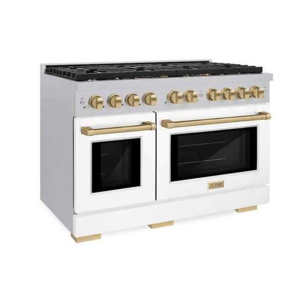 ZLINE Autograph Edition 48 in. 6.7 cu. ft. Paramount Double Oven Dual Fuel Range with 8 Burner Gas Cooktop in DuraSnow® Stainless Steel with White Matte Doors and Champagne Bronze Accents (SDRSZ-WM-48-CB) Online