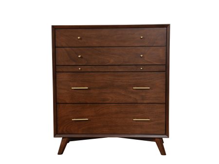 Alpine Flynn Mid Century Modern 4 Drawer Multifunction Chest w Pull Out Tray, Walnut For Sale