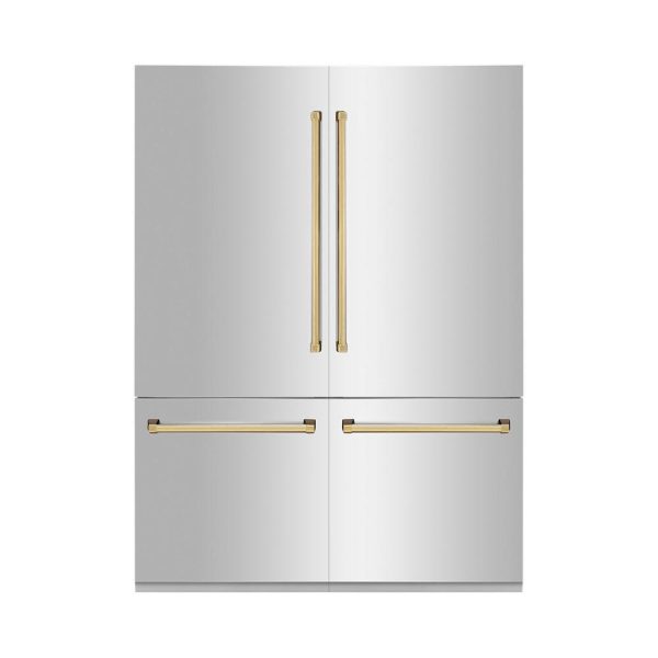 ZLINE Autograph Edition 60 in. 32.2 cu. ft. French Door Built-In Bottom Freezer Refrigerator with Water Dispenser and Ice Maker in Stainless Steel with Polished Gold Accents (RBIVZ-304-60-G) For Discount