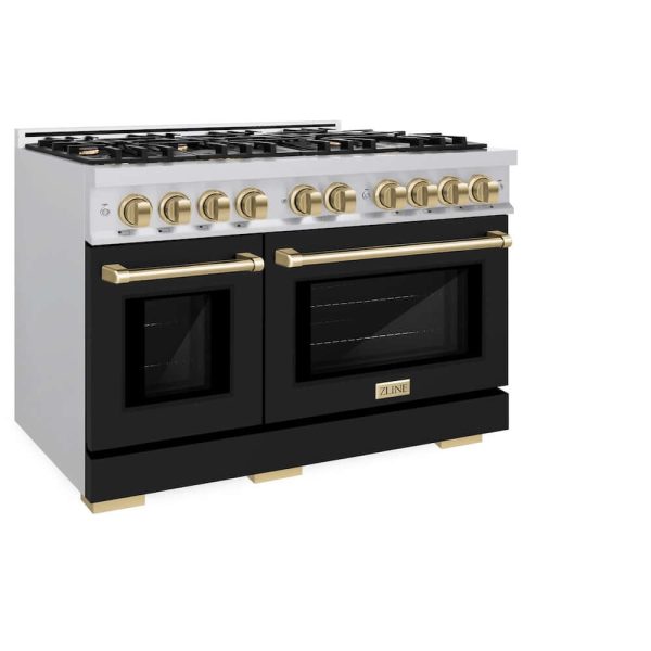 ZLINE Autograph Edition 48 in. 6.7 cu. ft. Select Double Oven Gas Range with 8 Burner Cooktop in Stainless Steel with Black Matte Doors and Champagne Bronze Accents (HGRZ-BLM-48-CB) Cheap