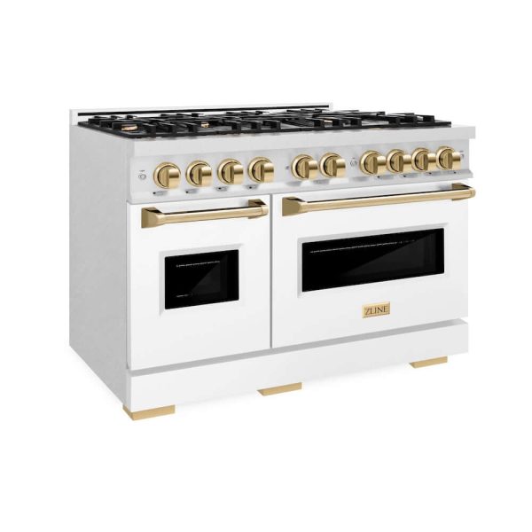 ZLINE Autograph Edition 48 in. 6.7 cu. ft. Classic Double Oven Gas Range with 8 Burner Cooktop in DuraSnow® Stainless Steel with White Matte Doors and Polished Gold Accents (CGRSZ-WM-48-G) Hot on Sale