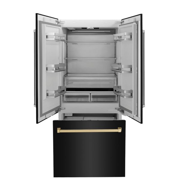 ZLINE Autograph Edition 36 in. 19.6 cu. ft. French Door Built-In Bottom Freezer Refrigerator with Water Dispenser and Ice Maker in Black Stainless Steel with Champagne Bronze Accents (RBIVZ-BS-36-CB) For Discount