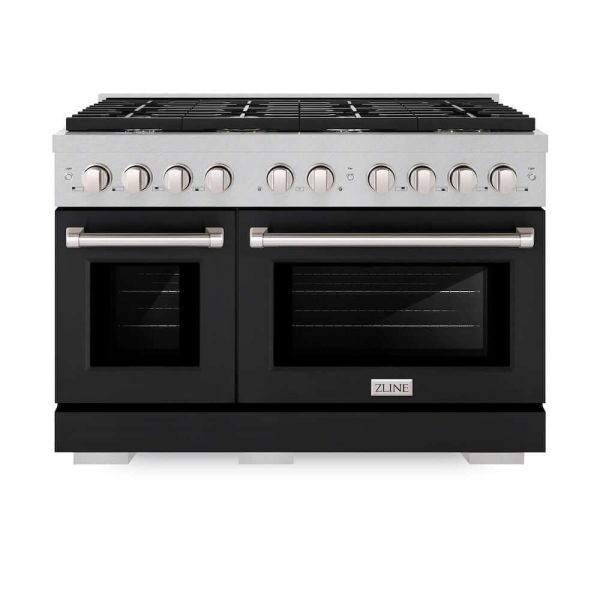 ZLINE 48 in. 6.7 cu. ft. Paramount Double Oven Gas Range with 8 Burner Cooktop in DuraSnow® Stainless Steel with Black Matte Doors (SGRS-BLM-48) Online Hot Sale