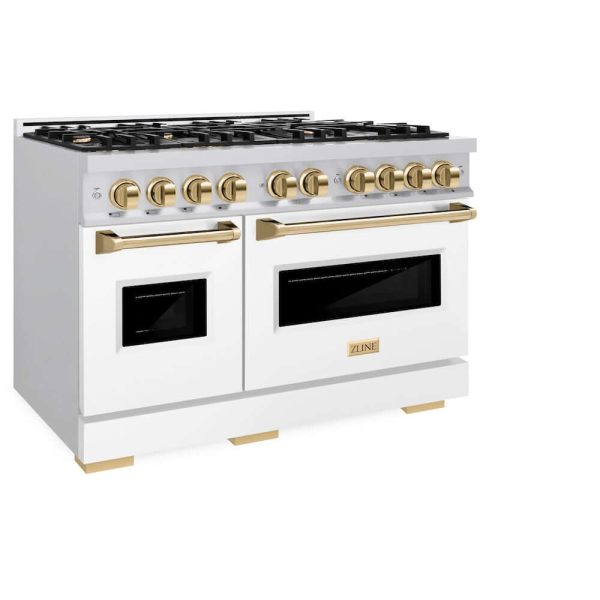 ZLINE Autograph Edition 48 in. 6.7 cu. ft. Classic Double Oven Gas Range with 8 Burner Cooktop in Stainless Steel with White Matte Doors and Polished Gold Accents (CGRZ-WM-48-G) For Sale