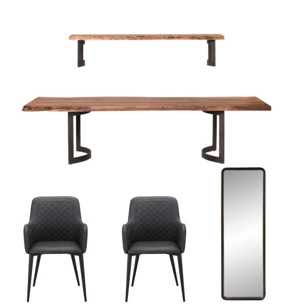 Moe s Bent 5 Piece Collection Including 1 Table, 1 Bench, 1 Mirror, and 2 Chairs (BENT4PC) Fashion