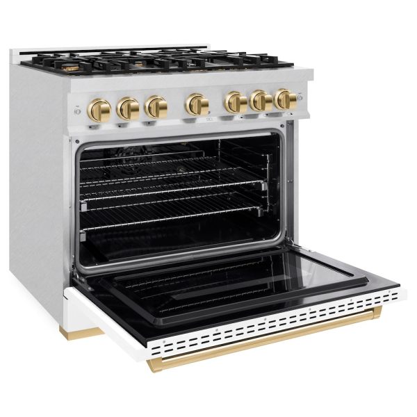 ZLINE Autograph Edition 36 in. 5.2 cu. ft. Classic Gas Range with 6 Burner Cooktop and Convection Gas Oven in DuraSnow® Stainless Steel with White Matte Door and Polished Gold Accents (CGRSZ-WM-36-G) Fashion