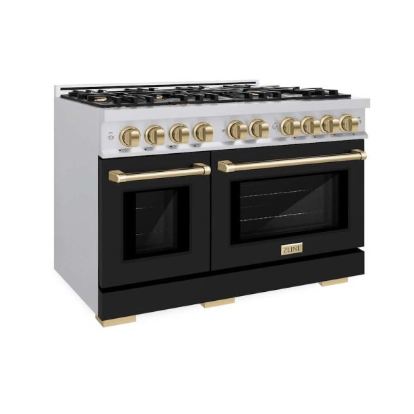 ZLINE Autograph Edition 48 in. 6.7 cu. ft. Select Double Oven Gas Range with 8 Burner Cooktop in Stainless Steel with Black Matte Doors and Champagne Bronze Accents (HGRZ-BLM-48-CB) Cheap