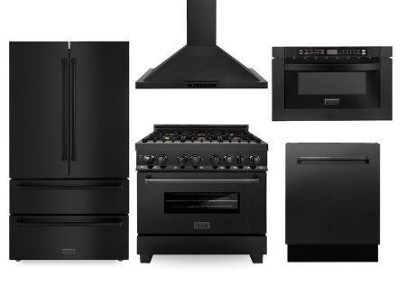 ZLINE Kitchen Package with Black Stainless Steel Refrigeration, 36 in. Dual Fuel Range, 36 in. Range Hood, Microwave Drawer, and 24 in. Tall Tub Dishwasher (5KPR-RABRH36-MWDWV) Fashion