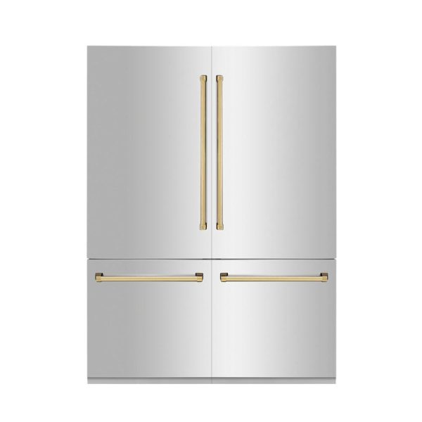 ZLINE Autograph Edition 60 in. 32.2 cu. ft. French Door Built-In Bottom Freezer Refrigerator with Water Dispenser and Ice Maker in Stainless Steel with Polished Gold Accents (RBIVZ-304-60-G) For Discount