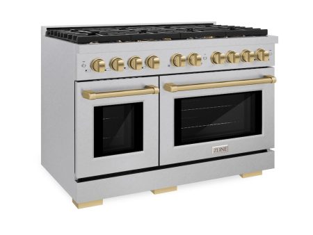 ZLINE Autograph Edition 48 in. 6.7 cu. ft. Paramount Double Oven Dual Fuel Range with 8 Burner Gas Cooktop in DuraSnow® Stainless Steel and Champagne Bronze Accents (SDRSZ-48-CB) Supply